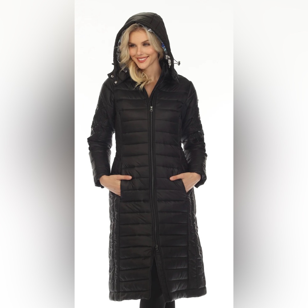 Johnny Was Black Sano Ski Zip Front Hooded Long Puffer Coat - Picture 6 of 10